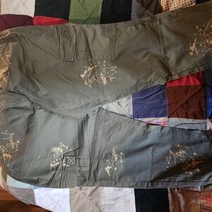 Cream and Green Cargo Pants with Floral Embroidery